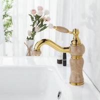Polished Gold Faucet with Rotating Outlet Marble Textured Gooseneck Faucet Glossy Basin Tap Vintage for Bathroom, Powder Room, Guest Bath