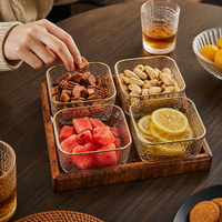 Luxury Retro Divided Serving Tray, Wood Glass Snack Tray with 4 Compartments, Gold Trim, Party Tray, Brunch Fruit Platter