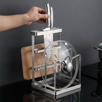 Universal Knife Block Kitchen Organiser, 2 Layer Stainless Steel Countertop Organiser, Pot Lid & Cutting Board Holder, Modern Rectangular Design