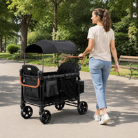 Four-Seat Pram Wagon Black Canopy 4 Seat Pram Wagon Storage Pockets Kids Transport