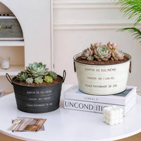 Rustic Metal Flower Pot Printed French Text Tapered Planter Bucket Side Handles