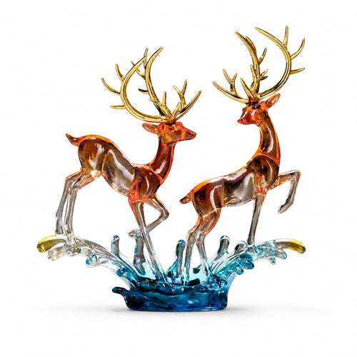 Deer Statue Wave Based Base Amber Toned Deer Sculpture Decorative Desk Figurine for Office, Console Table