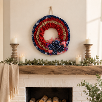 Independence Day Wreath, 40x40cm Fabric Stars Stripes Wreath for 4th of July Door Hanging, Red White Blue Patriotic Home Decor
