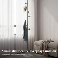 Modern Aesthetic Freestanding Coat Rack Multi-Hook Design Metal and Wood Coat Tree Stable Base Vertical Clothes Hanger Stand Heavy Duty for Families, Homeowners, Renters, Living Room, Bedroom, Entryway, Hallway