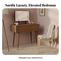 Wooden Vanity Set with Round Mirror Sturdy Wood Construction Vanity Set with Lighted Mirror Includes Matching Stool
