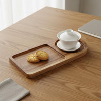 Wooden Tray Unique Shape Wooden Tray with Rattan Coaster Handcrafted Acacia Wood Snack Platter for Home, Cafe, Hotel