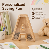Alphabet Letter Money Box Gift, Personalised Wooden Money Saving Box for Kids, 18x18x3cm for Nursery Decor, Teacher Gift
