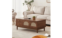 Walnut-Tone Coffee Table with Cabinet Woven Rattan-Style Coffee Table with Drawers Tapered Legs Furniture Retro for Living Room, Apartment, Lounge