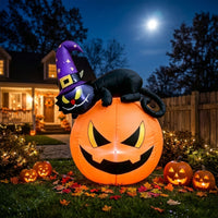 Outdoor Inflatable Black Cat and Pumpkin Bright Inflatable Cat with Pumpkin Oversized Jack-O'-Lantern Decoration Lighted for Yard
