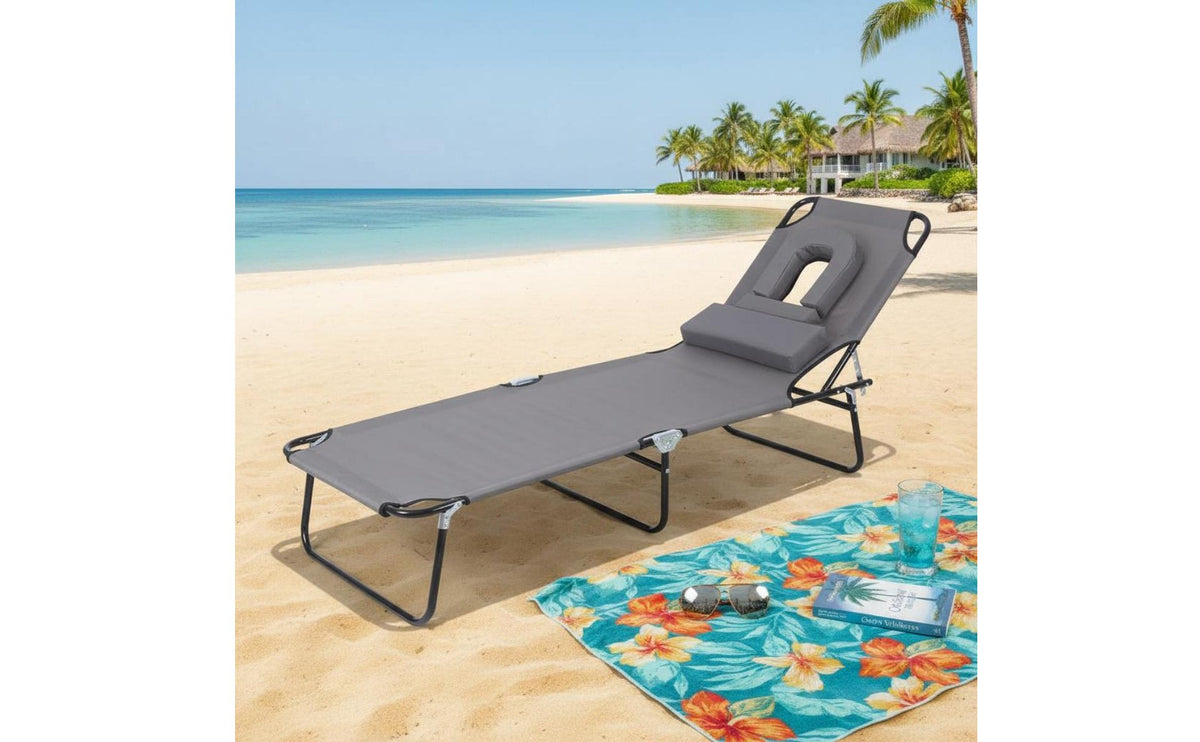 Detachable Pillow Folding Rest Bed Foldable Adjustable Folding Lounge Chair Heavy Duty Frame Reclining Beach Chair Breathable Textile for Poolside