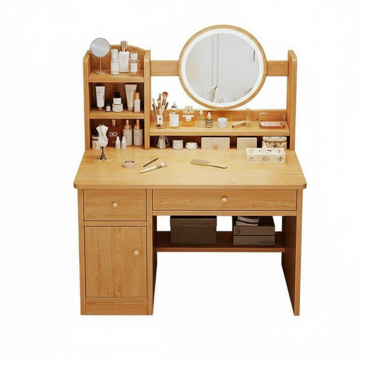 Dressing Desk with Round Mirror Includes Matching Stool for Apartment, Teenagers