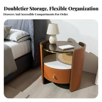 Cylindrical End Table Single-drawer Nightstand Modern Bedside Cabinet Italian Minimalist Wood Saddle Leather Glass Top Suitable for Apartment Dwellers Adults Small Areas Hotel Room