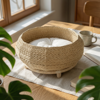 woven Cat Basket Bed with Cushion Round Cat Bed with Wooden Base Breathable for Kittens, Bedroom