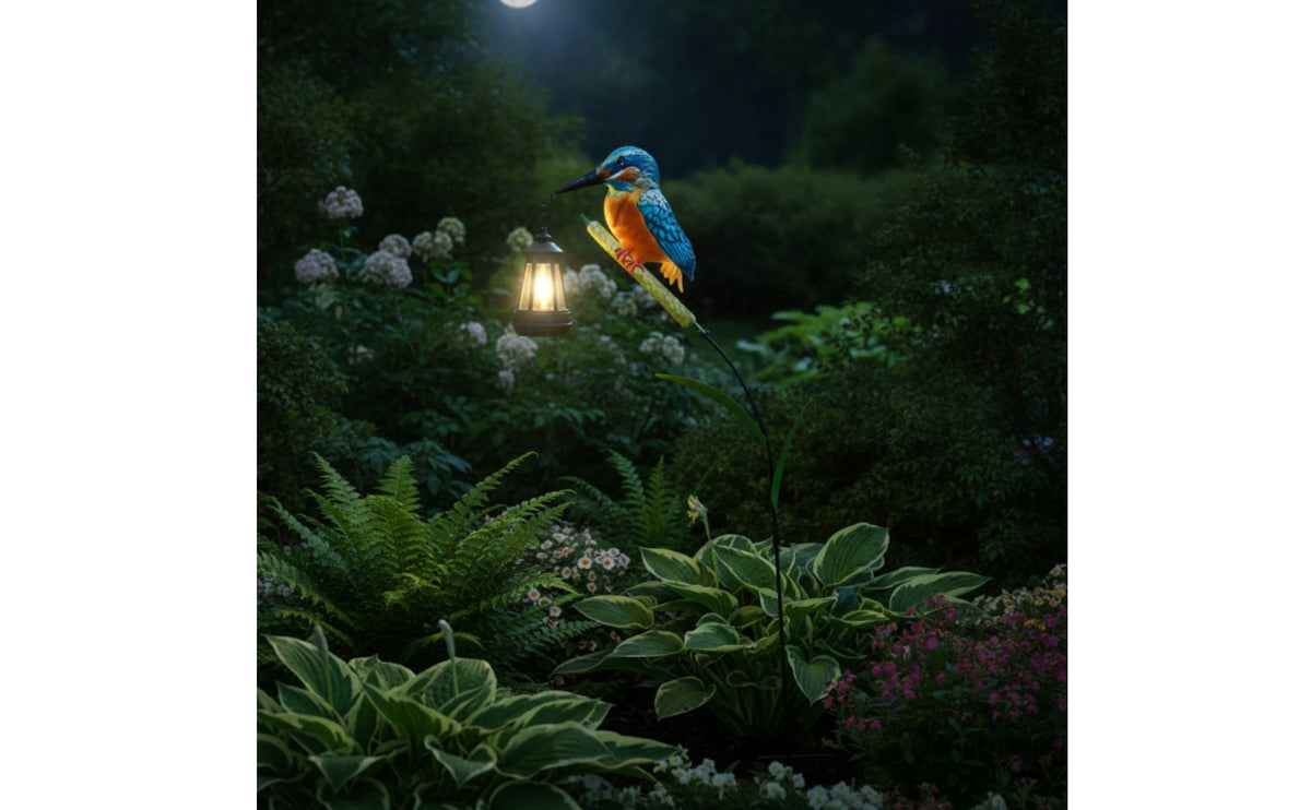 Outdoor Kingfisher Garden Stake Light Decorative Solar Bird Garden Light Metal Bird Ornament with Lantern Colorful for Gardeners, Homeowners, Lawn, Flower Bed, Pathway, Patio