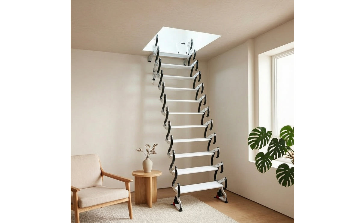 Overhead Attic Ladder with Handrail Concealed Overhead Mount Attic Ladder Space-Saving for Homeowners, Builders, Loft, Garage