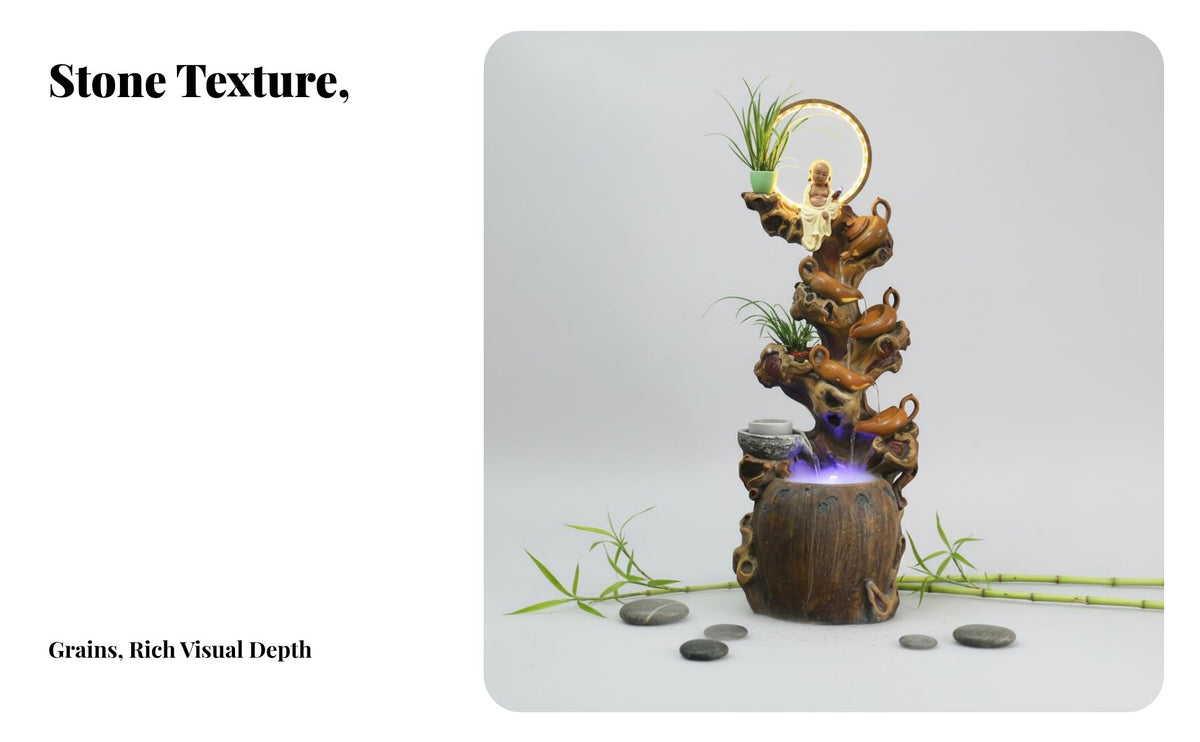 Ideal Gift Feng Shui Fountain Mist Creater Tabletop Water Fountain Artisan-Made Zen Water Feature with Light for Meditation Practitioners, Living Room, Office, Entryway
