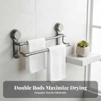 DrillDrillless Suction Cup Double Towel Bar Multipurpose Bathroom Organizer Waterproof Wall Rack Rust-Proof for Renters, Homeowners, Families, Kitchen, Washroom, Laundry Room