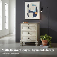pale Distressed Bedside Cabinet French Country design Distressed pale Nightstand Decorative Knobs Carved features for Homeowners