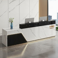 1 Piece Reception Desk Modern Front Desk Commercial Counter Double-layer Countertop Engineered Wood with LED Lighting and Storage Suitable for Salons Barbershops Shops Lobbies