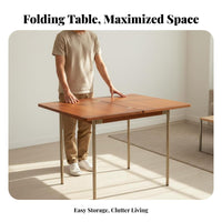 Folding Dining Table Foldable Drop Leaf Retro Rubberwood Stainless Steel Kitchen Table Space Saving Design Suitable for Couples Students Living Room Balcony Home Office