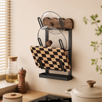 Pot Lid Holder, Carbon Steel Pan Organiser, Wall-Mounted Vintage Walnut Wood for Kitchen Cabinet, 35.5cm x 16.5cm