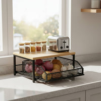 2-Tier Vegetable Storage Stand Versatile Pull-out Basket Counter Shelf Space-Saving Sliding Basket Countertop Organizer for Pantry, Under Sink