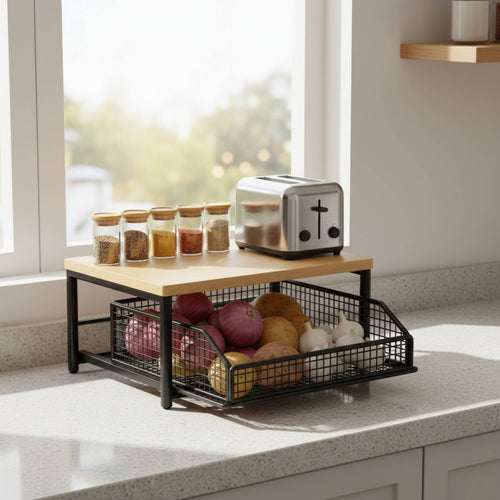 2-Tier Vegetable Storage Stand Versatile Pull-out Basket Counter Shelf Space-Saving Sliding Basket Countertop Organizer for Pantry, Under Sink