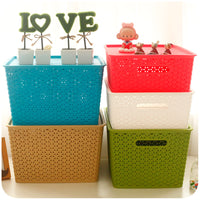 Woven Plastic Storage Basket with Lid, Desktop Organizer, Large Sundries Storage Box, Imitation Rattan Hollow Toy Storage Bin