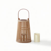 Lantern with Electronic Candle Slatted Bamboo Lantern Textured for Entryway