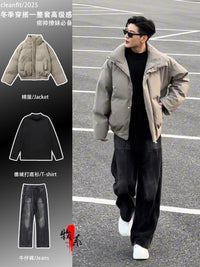 美式高街短款羽绒棉服男冬季穿搭一整套装高级感廓形PU皮棉袄外套