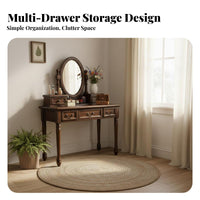 Dressing Desk with Round Mirror and Stool Vintage design Makeup Table space-saving Design Multiple Storage Drawers for Teenagers