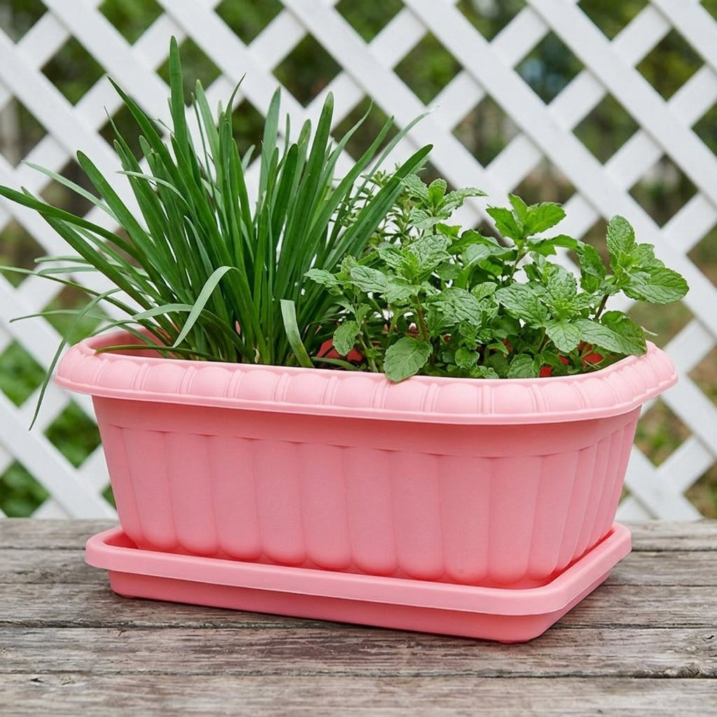 6 Pack Rectangular Planter Box, Balcony Planter for Vegetables Flowers, Outdoor Indoor Patio, Frost, Water Saving with Drainage & Tray