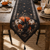 Halloween Pumpkin Table Runner with Rose Print and Tassels