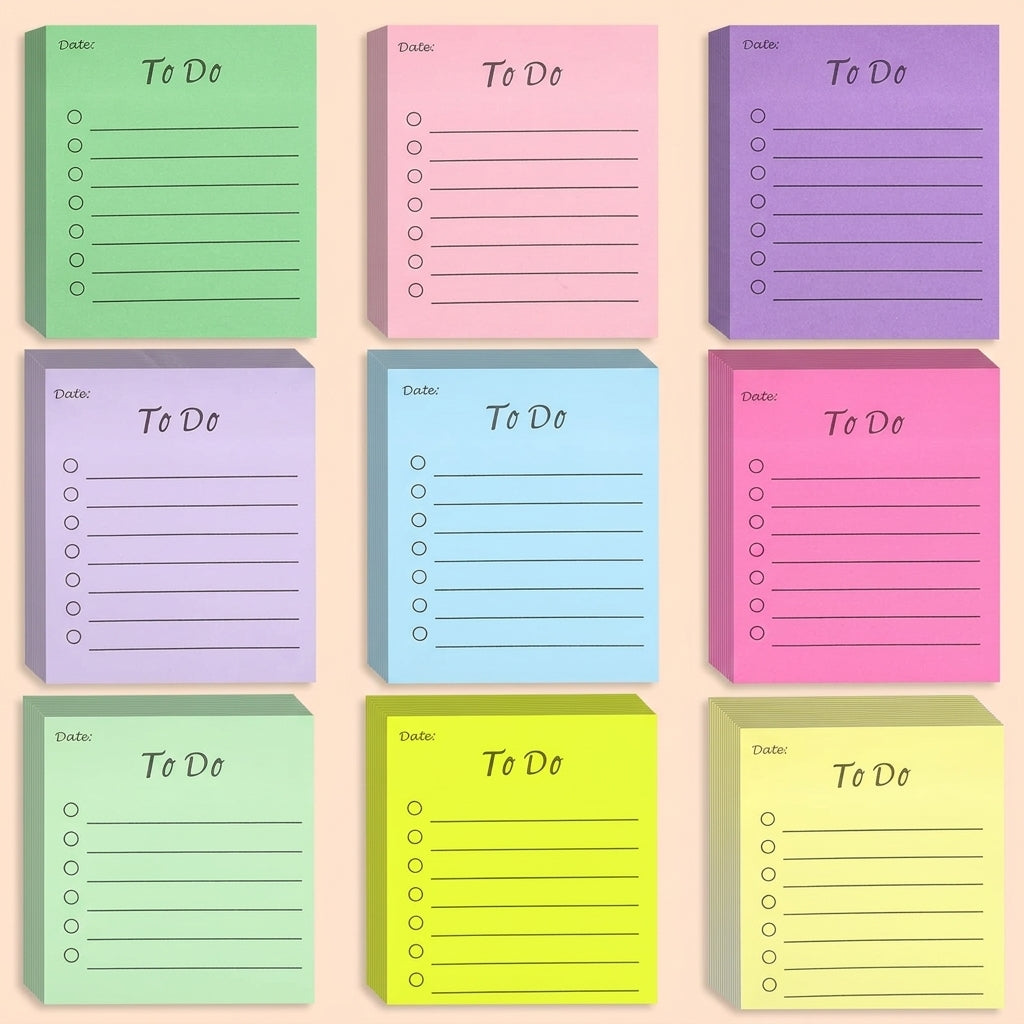 Fluorescent Paper Sticky Notes for Office and Home Schooling Supplies, Removable Reusable Postits for Planning and Students, 9 Color Set 50 Sheets Per