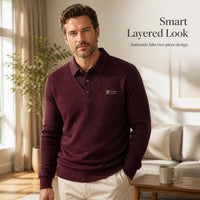 Men's Faux Two-Piece Shirt Collar Sweater with Fleece Lining, Thickened Warm Knitted Base Layer