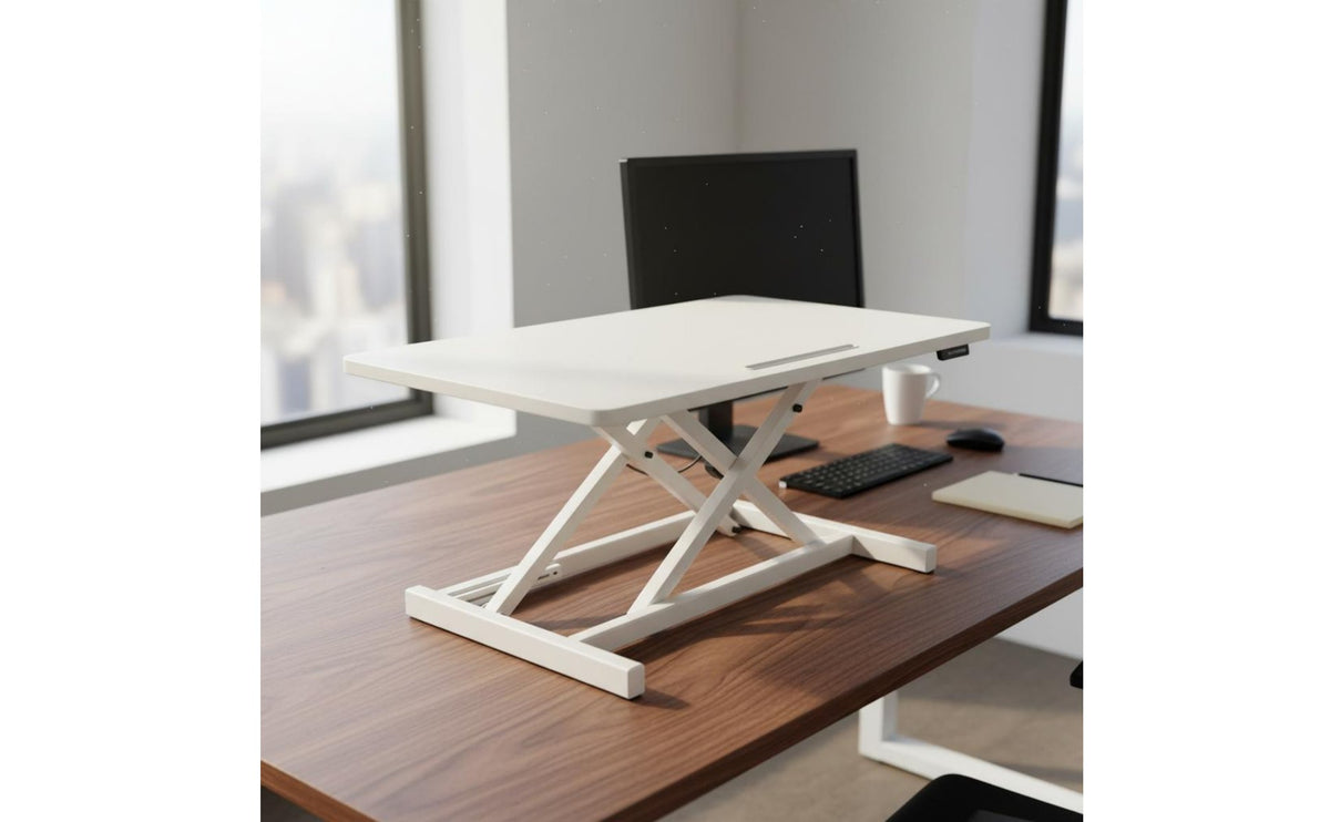 Two-tierTier Design Height Adjustable Desktop Workstation Spacious Work Surface Adjustable Sit-Stand Desk Riser Non-Slip Base Standing Desk Platform with Keyboard Tray Built-in Device Slot for Telecommuting Workers