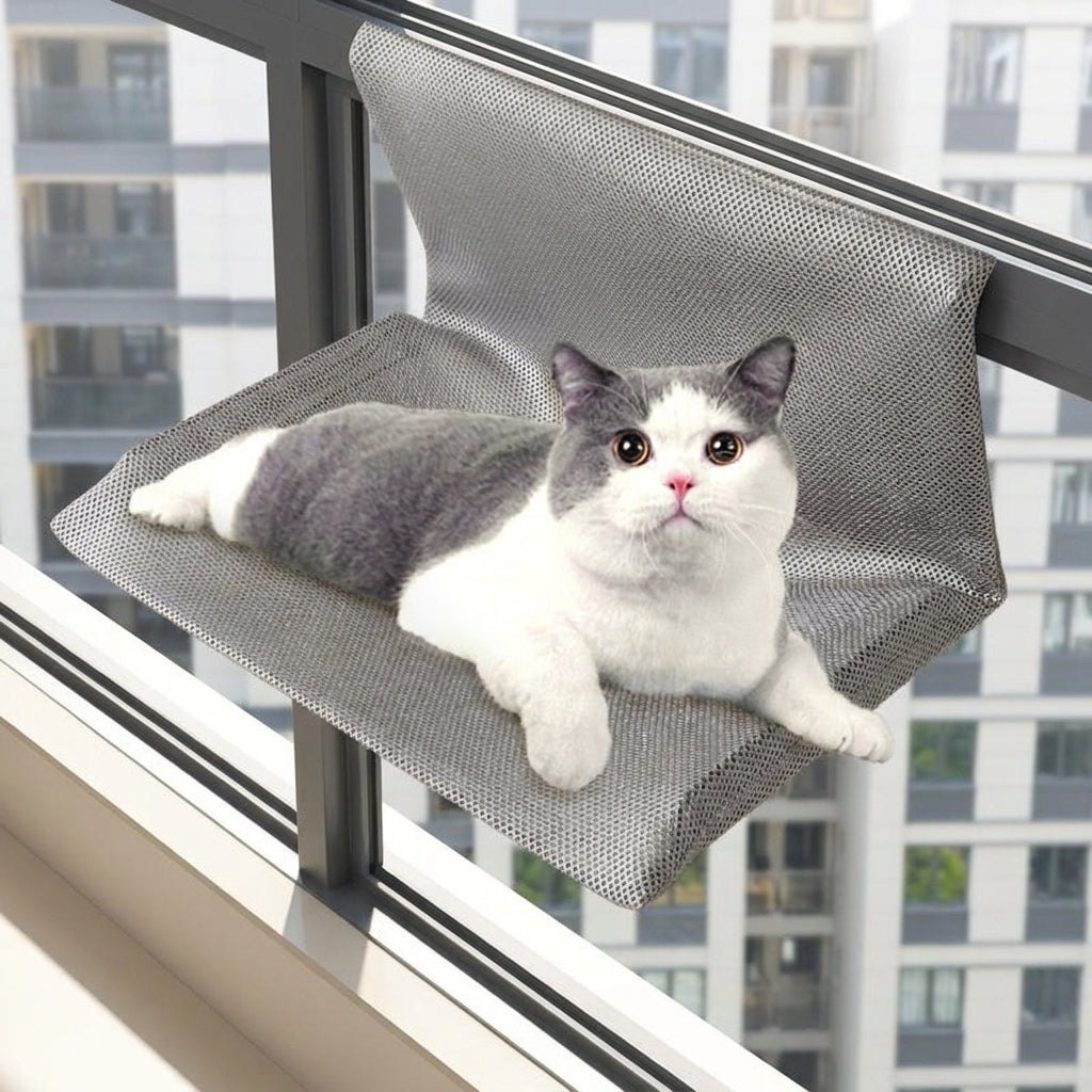 Cat Hammock Window Perch with Metal Frame, Rectangular Soft Hanging Bed for Indoor Cats, Washable Material and Strong Suction Cups, Grey/Beige