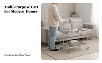 Easy Mobility Folding Fluted Glass Trolley Multi-Purpose 2-Tier Rolling Cart Modern Design Wheeled Side Table Vintage Aesthetic for Home Entertainers, Apartment Dwellers, Living Room, Kitchen, Bedroom, Balcony
