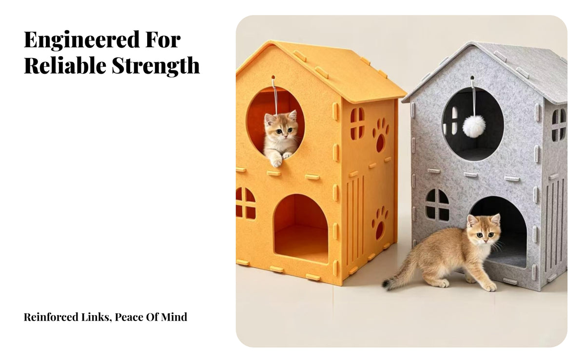 Cozy Felt Cat House with Toy | Stable Interlocking Panels, Enclosed Upper Level, 2-Tier Cat House, for Living Room