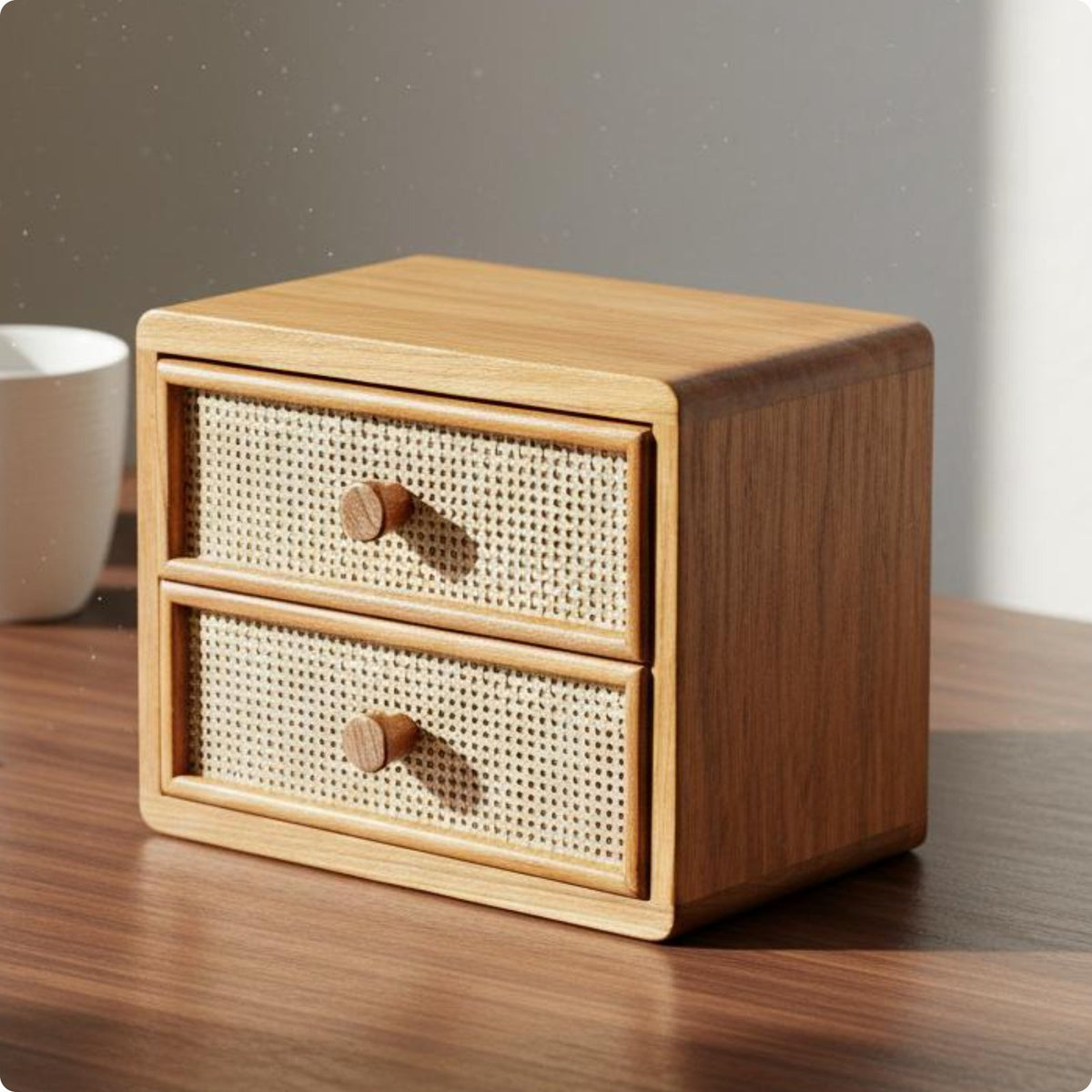 Rattan Drawer Cabinet Easy to Organize Desktop Storage Box Solid Wood for Office