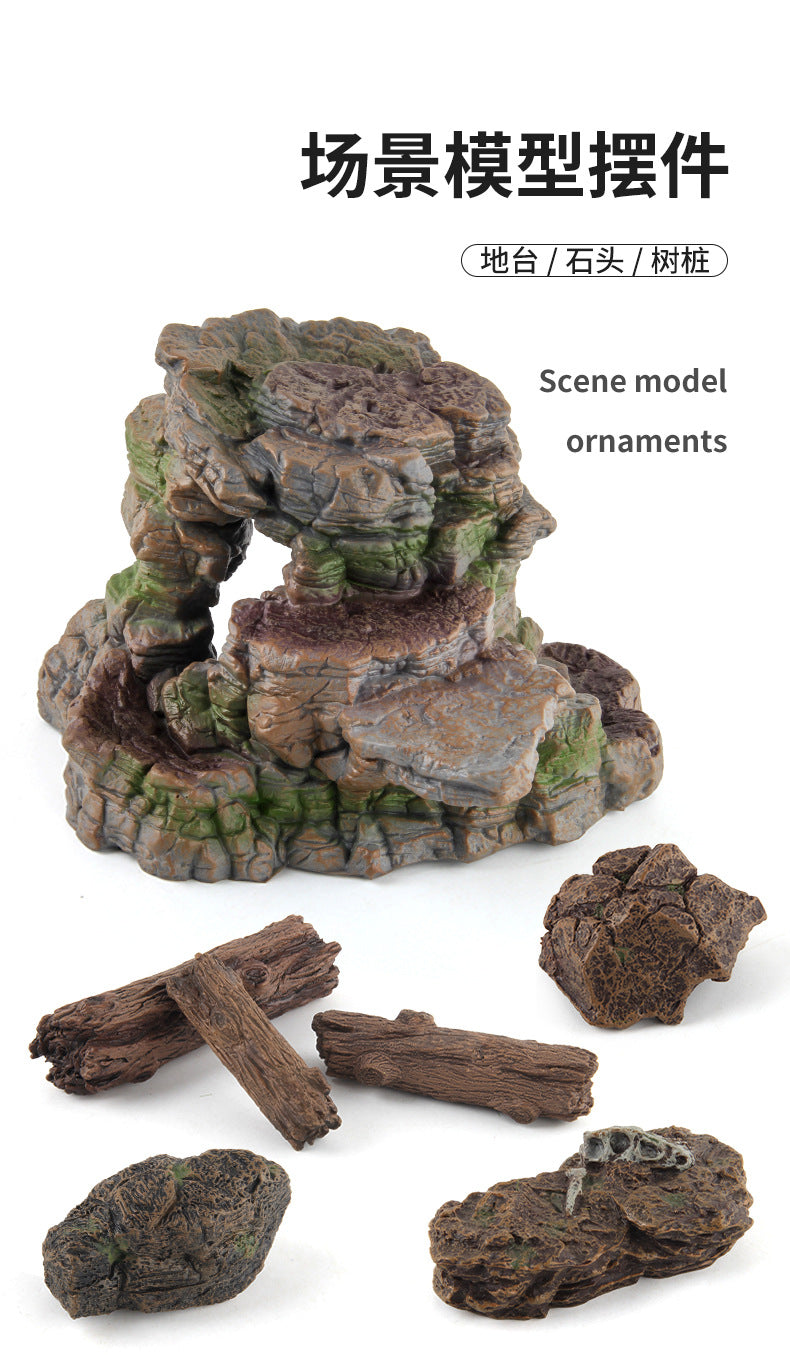 Wild Forest Animal Jurassic Dinosaur Scene Decoration with Simulated Cave Plastic Rock and Tree Stump