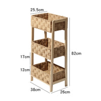 Three-Tier Storage Rack Wood Woven Basket Organizer Space-Saving Floor-Standing Storage Rack