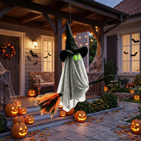 Spooky Flying Ghost with Witch Hat and Broom Floating Hanging Witch Ghost Festive Cute for Porch, Window, Haunted House, Garden