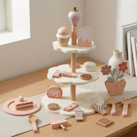Wooden Dessert Stand Toy Rounded Edges Dessert Stand Playset Printed Details Pretend Tea Time Set for Children