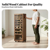 Wooden Tea Cabinet Solid Wood Organizer Cart Glass Panel Multi-drawer Rolling Cabinet Aesthetic Construction Suitable for Collectors Living Room Home Office