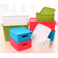 Woven Plastic Storage Basket with Lid, Desktop Organizer, Large Sundries Storage Box, Imitation Rattan Hollow Toy Storage Bin