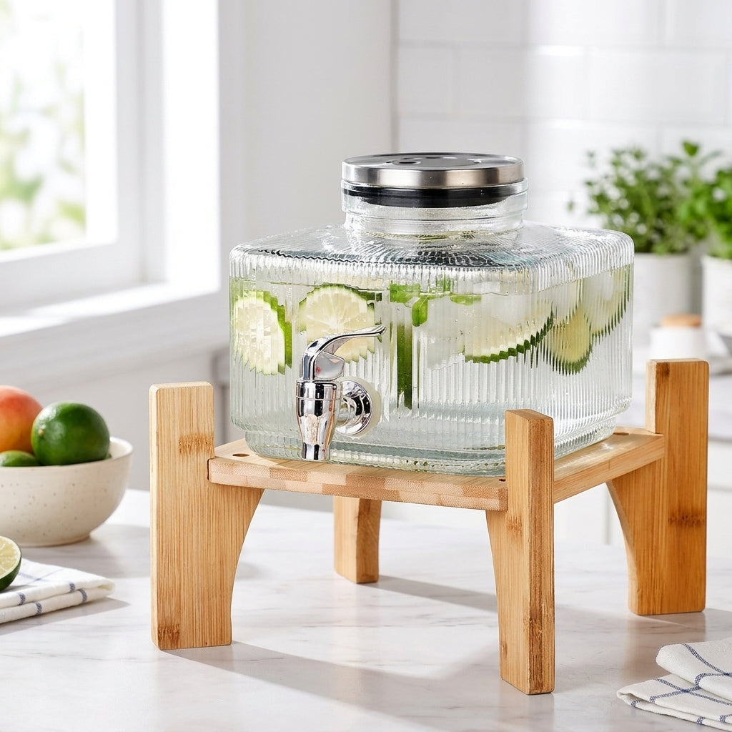 Glass Water Dispenser with Metal Stand, Square Juice Dispenser with Metal Tap, Light Frosted Crystal Pattern Beverage Dispenser