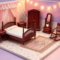 Dollhouse Miniature Furniture Model Ornaments 1:12 Miniature Bedroom Scene ob11 Wooden Bed Furniture 7-Piece Set