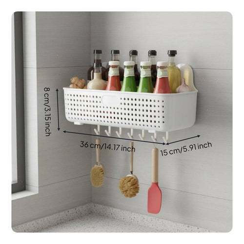 Wall Mounted Storage Basket Hanging Drain Basket No Kitchen Holder with Hooks for Cabinet Door, Under Sink, Lavatory