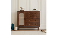 Retro Rattan Cabinet with Wooden Frame Woven Cane Door Sideboard Boho Storage Cabinet with Drawers Natural for Apartment